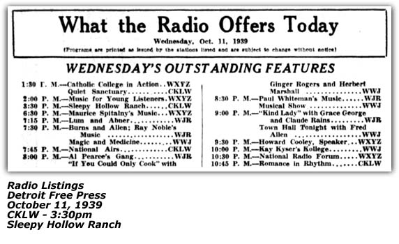 CKLW Radio Listing - Sleepy Hollow Ranch Initial Listing - October 11 1939