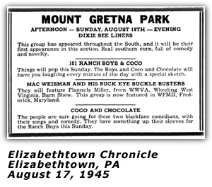Promo Ad - Mount Gretna Park - Aug 19465 - Flannels Miller; Mac Wiseman