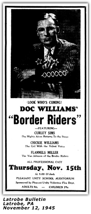 Promo Ad - Doc Williams; Border Riders; Flannels Miller; Latrobe, PA; November 1945