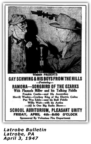 Promo Ad - School Auditorium; Pleasant Unity; Latrobe, PA - Gay Schwing; Flannels Miller - April 1947