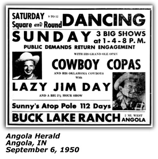 Promo Ad - Cowboy Copas - Lazy Jim Day - Buck Lake Ranch IN - 1950