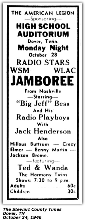 Promo Ad - Dover High School Auditorium - Big Jeff Bess and his Radio Playboys - Jack Henderson - Benny Martin - Hillous Buttrum - Crazxy Elmer - Ted and Wanda - October 1946