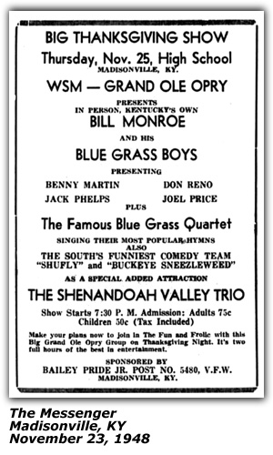 Promo Ad - Thanksgiving Show - Madisonville, KY - Bill Monroe and his Blue Grass Boys - Benny Martin - Don Reno - Jack Phelps - Joel Price - Shennandoah Valley Trio - November 1948