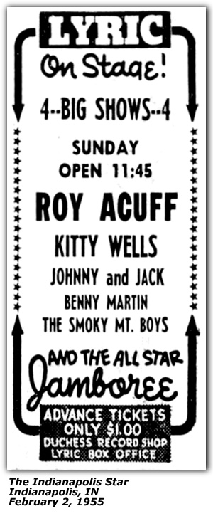 Promo Ad - Lyric Theater - Indianapolis, IN - Roy Acuff - Kitty Wells - Johnny and Jack - Benny Martin - Smokey Mountain Boys - February 1955