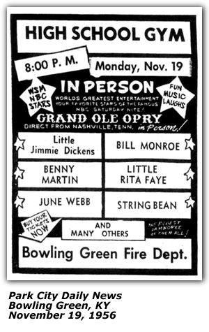 Promo Ad - Bowling Green High School Gym - Little Jimmy Dickens - Bill Monroe - Little Rita Faye - Benny Martin - June Webb - String Bean - November 1956