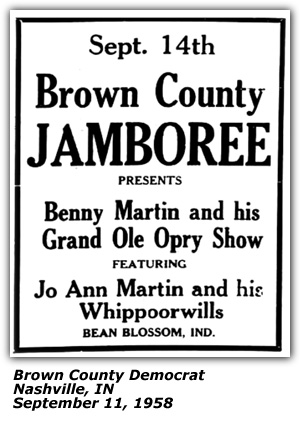 Promo Ad - Brown Couty Jamboree - Benny Martin - Jo Ann Martin and his Whippoorwills - Bean Blossom, IN - September 1958