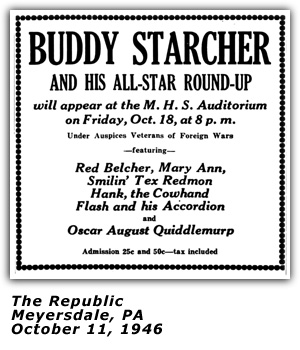 Promo Ad - Buddy Starcher and his All-Star Round-Up; Mary Ann (Estes) Starcher; Meyersdale, PA - October 1946