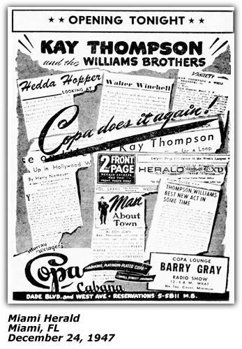 Promo Ad - Copa Cabana - Miami - Kay Thompson - Williams Brothers - December 1947