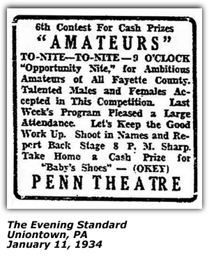 Promo Ad - Penn Theatre Amateur Contest - Uniontown, PA - Jan 11 1934