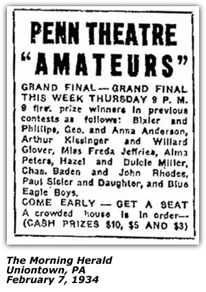 Promo Ad - Penn Theatre Amateur Contest - Uniontown, PA - Grand Final - Feb 7 1934