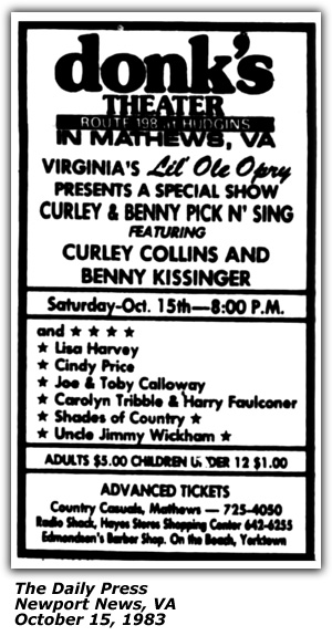 Promo Ad - Donks Theater - Mathews, VA; Benny Kissinger; Curley Collins