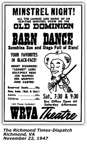Promo Ad - WRVA Old Dominion Barn Dance - Benny Kissinger - Minstrel Night - November 1947