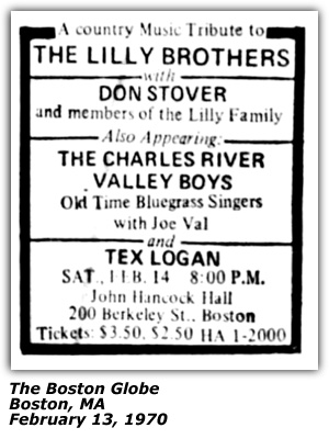 Promo Ad - John Hancock Hall - Boston, MA - The Lilly Brothers - Don Stover - Charles River Valley Boys - Tex Logan - February 1970