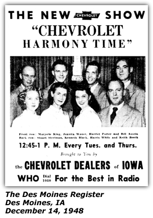 Promo Ad - Chevrolet Harmony Time - WHO - Des Moines, IA - Marjorie King - Juanita Waner - Harriet Porter - Bill Austin - Stuart Steelman - Kenneth Black - Harris White - Keith Booth - December 1948