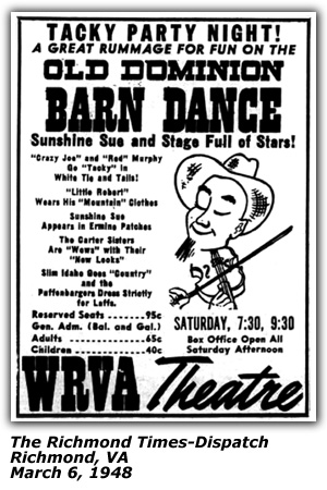 Promo Ad - WRVA Old Dominion Barn Dance - WRVA Theatre - Richmond, VA - Old Favorites Night - Sunshine Sue and her Rangers, Crazy Joe Maphis, Carter Sisters, Tobacco Tags, Red Murphy, Little Robert, Slim Idaho, Benny and Curley - October 1947