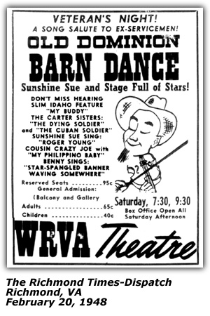 Promo Ad - WRVA Old Dominion Barn Dance - WRVA Theatre - Richmond, VA - Hawaiian Night - Slim Idaho  - Crazy Joe Maphis, Red Murphy - October 1948