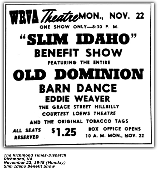 Promo Ad - WRVA Old Dominion Barn Dance - WRVA Theatre - November 22, 1948 - Slim Idaho Benefit Show