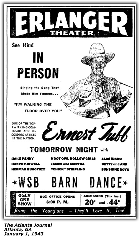 Promo Ad - WSB Barn Dance - Erlanger Theatre - Ernest Tubb - Slim Idaho - January 1, 1943