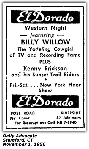 Promo Ad - El Dorado - Riverside, CT - Billie Willow - Kenny Erickson - November 1956