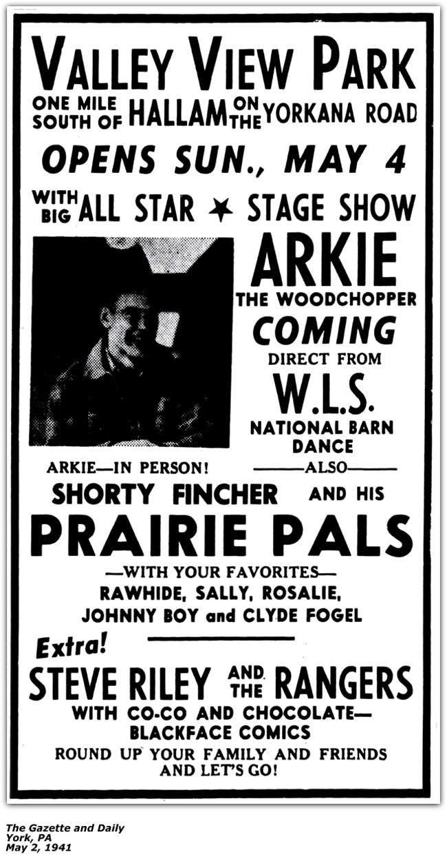 Promo Ad - Valley View Park Season Opening May 4 1941 - Shorty Fincher and his Prairie Pals - Arkie