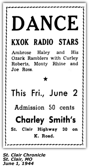 Promo Ad - Charley Smith's - Ambrose Haley Ozark  Ramble rs Monty Rhine Curley Roberts Joe Ross - June 1944
