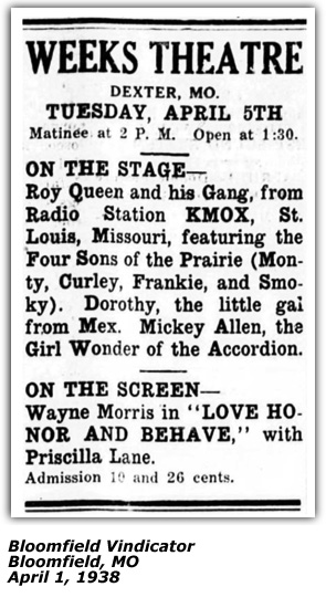 Theater Ad (Bloomfield MO) - Four Sons of the Prairie - April 1938