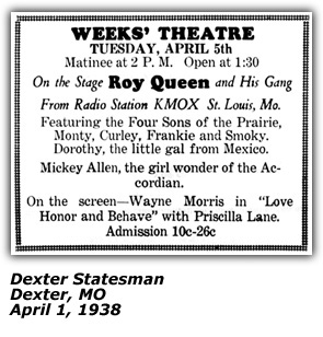 Theater Ad (Dexter MO) - Four Sons of the Prairie - April 1938