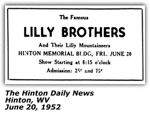 Promo Ad - Hinton Memorial Building - Hinton, WV - Lilly Brothers - June 1952