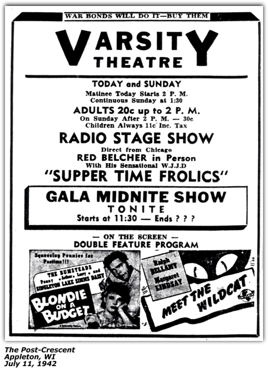 Promo Ad - Red Belcher - Frolics - Appleton, WI - July 1942