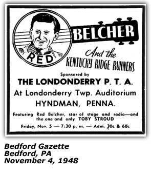 Promo Ad- Red Belcher and Kentucky Ridgerunners - Bedfprd, PA - November 1948