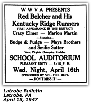 Promo Ad- Red Belcher and Kentucky Ridgerunners - Latrobe, PA - April 1947