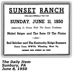 Promo Ad- Red Belcher and Kentucky Ridgerunners - Sunset Ranch - June 1950
