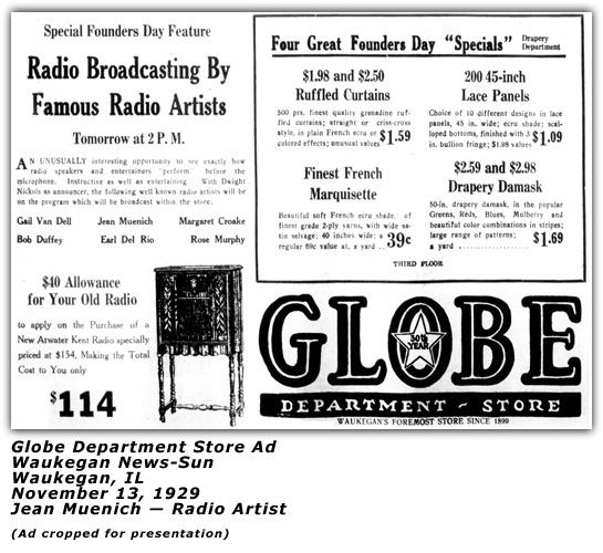 Globe Department Store Ad - Jean Muenich - Linda Parker - November 13, 1929 - Waukean News Sun