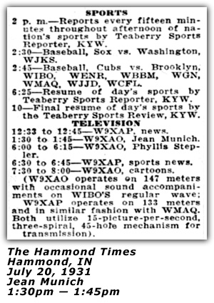 W9XAO - Radio Log - July 20, 1931 - Jean Munich