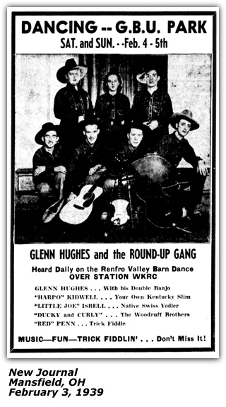 Promo Ad - Glenn Hughes and the Round-Up Gang - Harpo Kidwell - Little Joe Isbell - WKRC - Renfro Valley Barn Dance - February 1939
