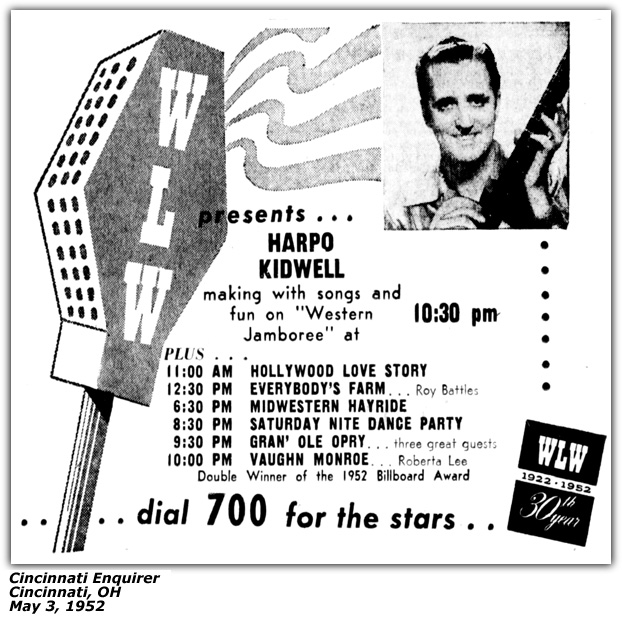Promo Ad - WLW - Harpo Kidwell - Cincinnati, OH - May 1952