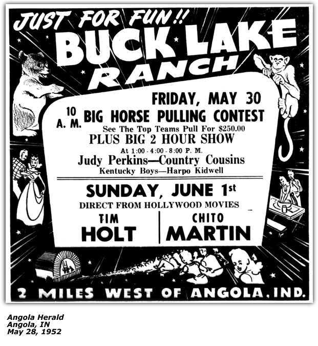 Promo Ad - Buck Lake Ranch - Angola, IN - Judy Perkins - Harpo Kidwell - Tim Holt - Chito Martin - May 1952
