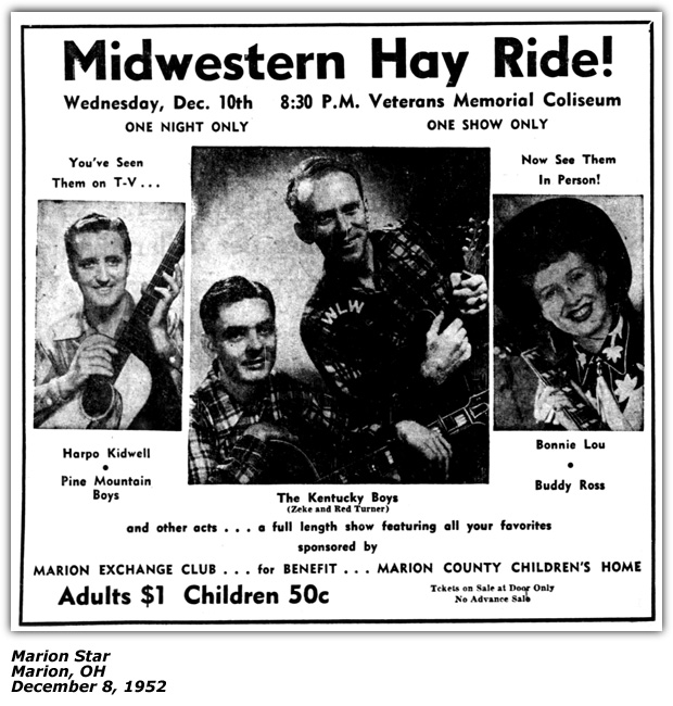 Promo Ad - Midwestern Hay Ride - Harpo Kidwell - The Kentucky Boys (Zeke and Red Turner) Bonnie Lou - Buddy Ross - Veterans Memorial Coliseum - Marion, OH - December 1952