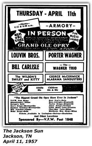 Promo Ad - Armory - Jackson, TN - Louvin Brothers - Porter Wagoner - Bill Carlisle - The Wilsons - George McCormick - April 1957