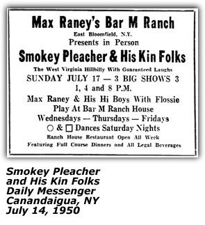 Promo Ad - Smokey Pleacher and His Kin Folks - Max Raney's Bar M Ranch - East Bloomfield NY - 1950