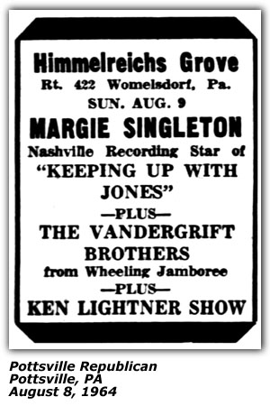 Promo Ad - Himmelreichs Grove - Womelsdorf, PA - Vandergrift Brothers - Margie Singleton - August 1964