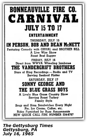 Promo Ad - Bonneauville Fire Co. Carnival - Gettysburg, PA - Vandergrift Brothers - Bob and Dean McNett - Sonny George - July 1965