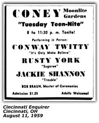 Promo Ad August 1959 - Rusty York and Conway Twitty - Coney Moonlite Gardens