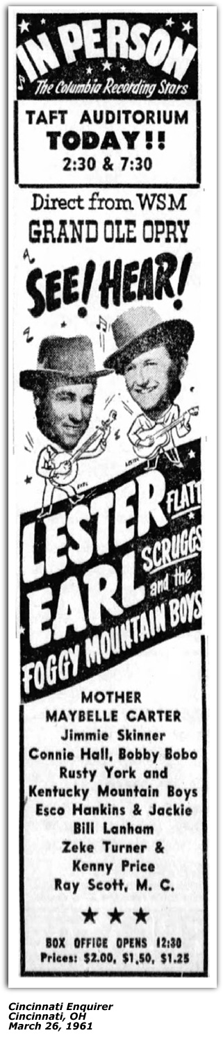 Promo Ad 1861 - Lester Flatt and Earl Scruggs, Maybelle Carter, Rusty York - Taft Auditorium