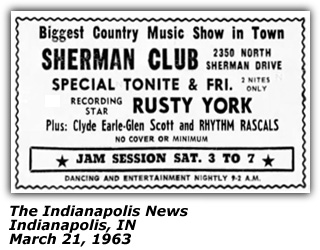Promo Ad March 1963 - Rusty York - Sherman Club - Indianapolis IN