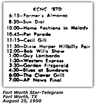 Radio Log - KCNC - Dixie Harper Show - August 1950