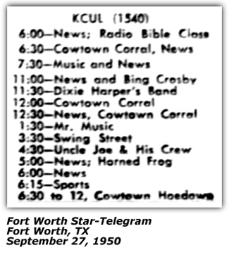 Radio Log - KCUL - Dixie Harper Show - September 1950