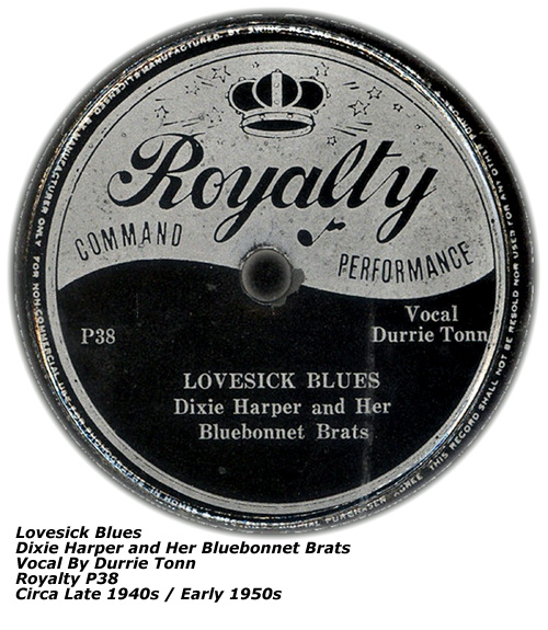 Royalty Records - Lovesick Blues - Vocal Durrie Tonn with Dixie Harper - Circa 1940s-1950s