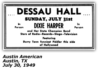 Promo Ad - Dixie Harper - Dessau Hall - Austin TX - June 1949