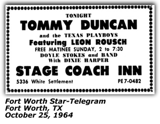 Promo Ad - Tommy Duncan - Dixie Harper - Stage Coach Inn - Oct 1964